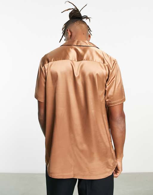 ASOS DESIGN relaxed satin shirt with deep revere collar in light