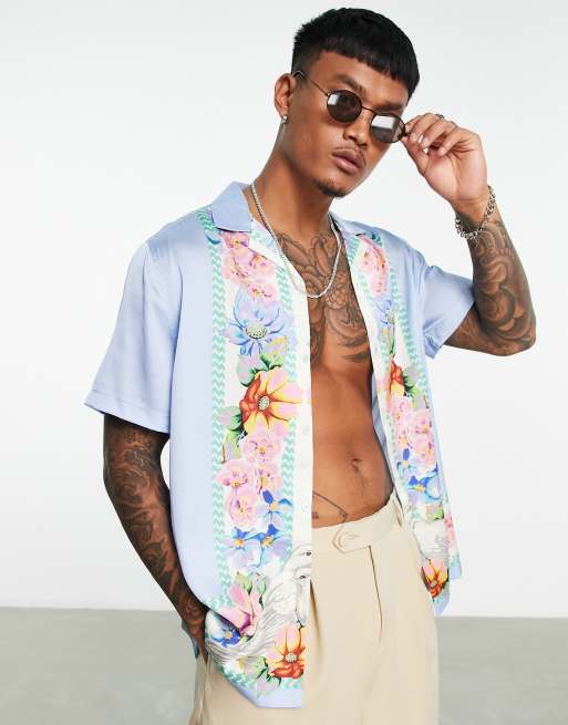 Asos Design Relaxed Satin Shirt With Floral Border Print Asos 0032