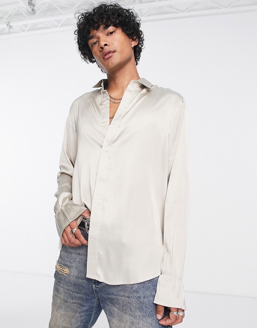 ASOS DESIGN relaxed satin shirt with fluted cuff in champagne-Neutral