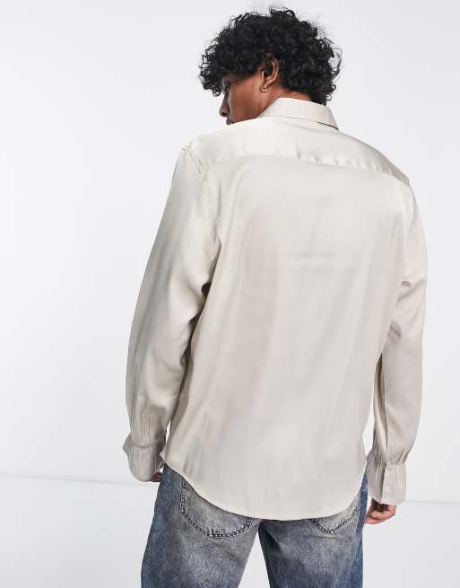 ASOS DESIGN relaxed satin shirt with fluted cuff in champagne | ASOS