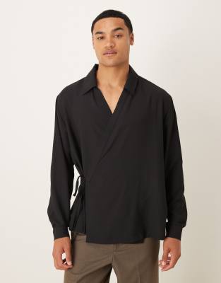 Asos Design Relaxed Satin Wrap Around Shirt In Black