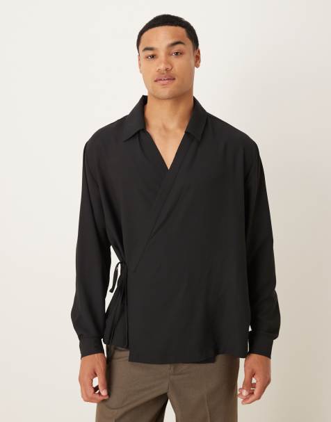 ASOS DESIGN relaxed satin wrap around shirt in black - view 1