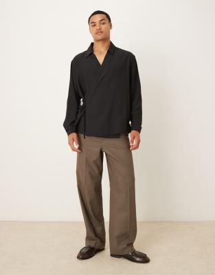 Asos Design Relaxed Satin Wrap Around Shirt In Black
