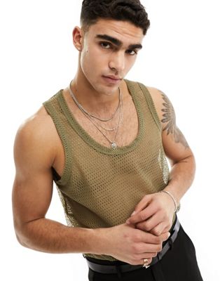ASOS DESIGN relaxed scoop neck open mesh vest in khaki - ASOS Price Checker