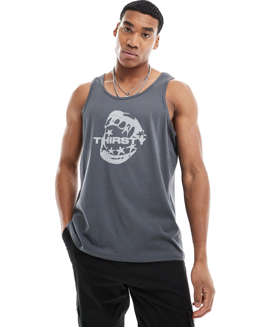 ASOS DESIGN relaxed vest in dark grey with mouth text print