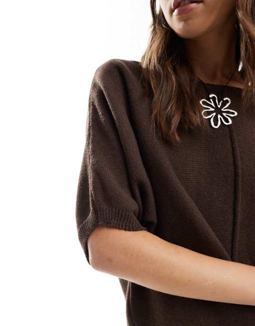 ASOS DESIGN relaxed seam detail knitted t-shirt in chocolate, 2 of 4