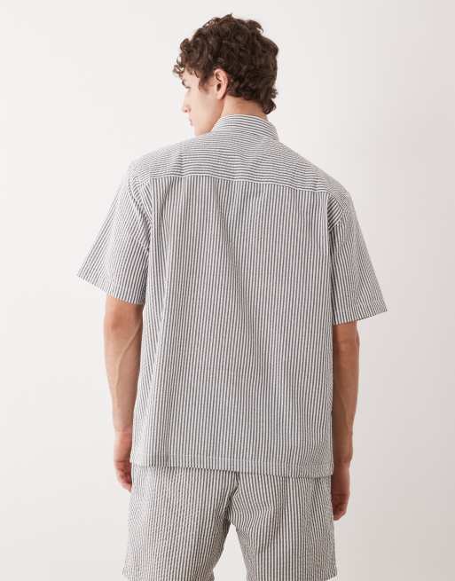 ASOS DESIGN relaxed seersucker shirt in black stripe - part of a set, 5 of 5