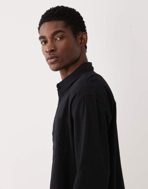 ASOS DESIGN relaxed seersucker shirt in black, 4 of 5