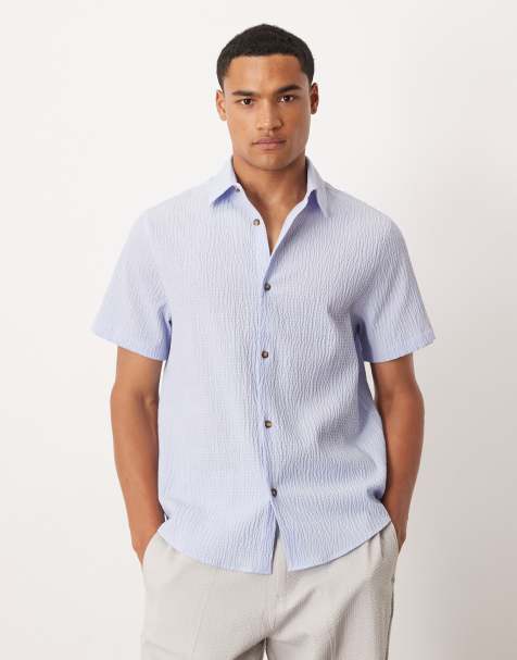 ASOS DESIGN relaxed seersucker shirt in blue - view 1