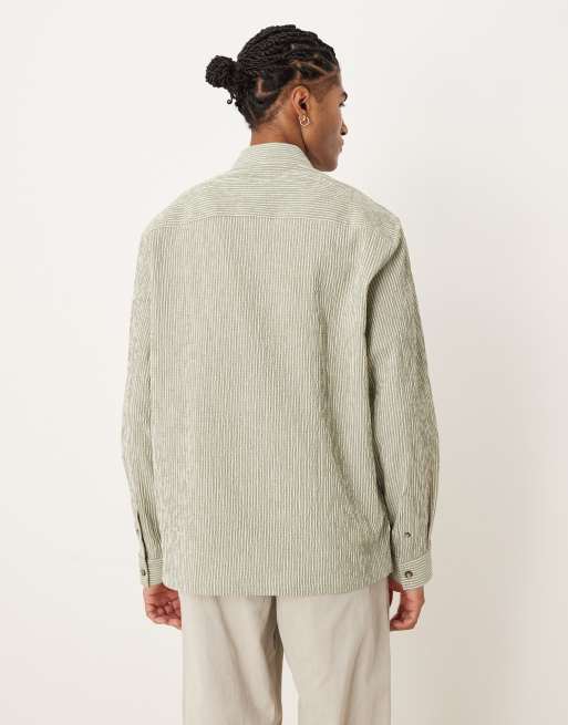 ASOS DESIGN relaxed seersucker shirt in green and white stripe, 5 of 5