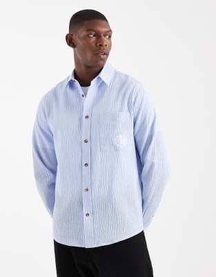 Asos Design Relaxed Seersucker Shirt With Embroidery In Blue