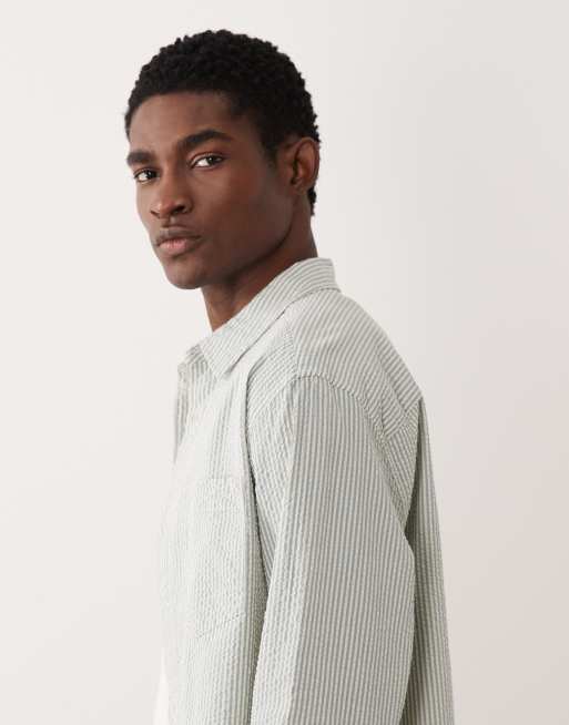 ASOS DESIGN relaxed seersucker stripe shirt in blue, 5 of 6