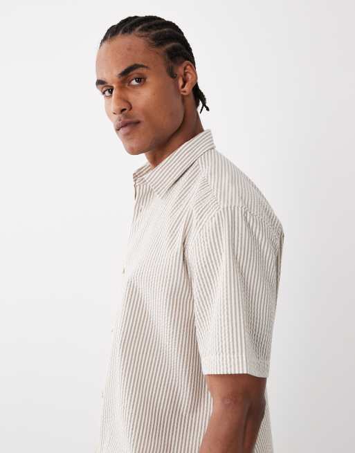 ASOS DESIGN relaxed seersucker stripe shirt in brown (Part of a set), 4 of 5