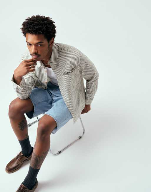 ASOS DESIGN relaxed seersucker stripe shirt with chest embroidery in grey, 5 of 5
