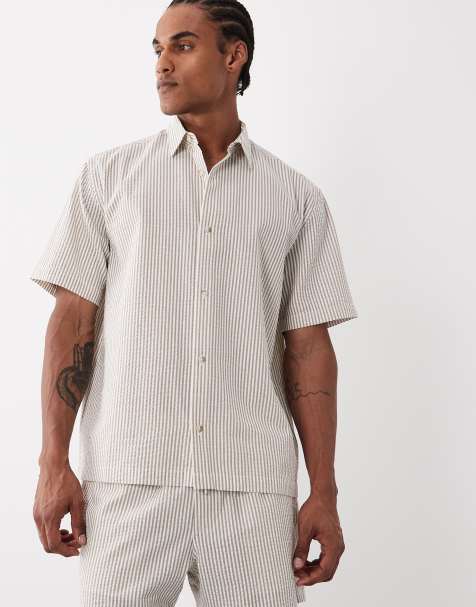 ASOS DESIGN relaxed seersucker striped shirt in brown - part of a set - view 1