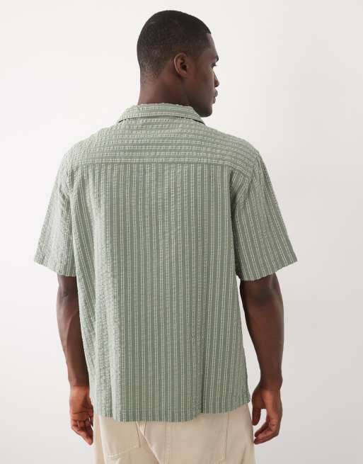 ASOS DESIGN relaxed seersucker striped shirt in green, 2 of 5