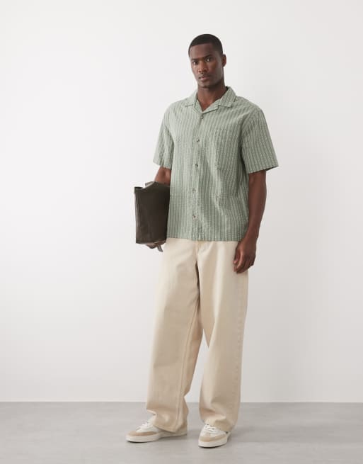 ASOS DESIGN relaxed seersucker striped shirt in green, 3 of 5
