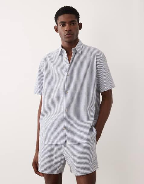 ASOS DESIGN relaxed seersucker striped shirt in navy - part of a set - view 1