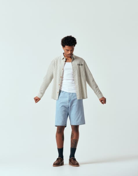 ASOS DESIGN relaxed seersucker striped shirt with chest embroidery in gray - view 1