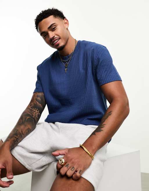 ASOS DESIGN relaxed seersucker t-shirt in navy 