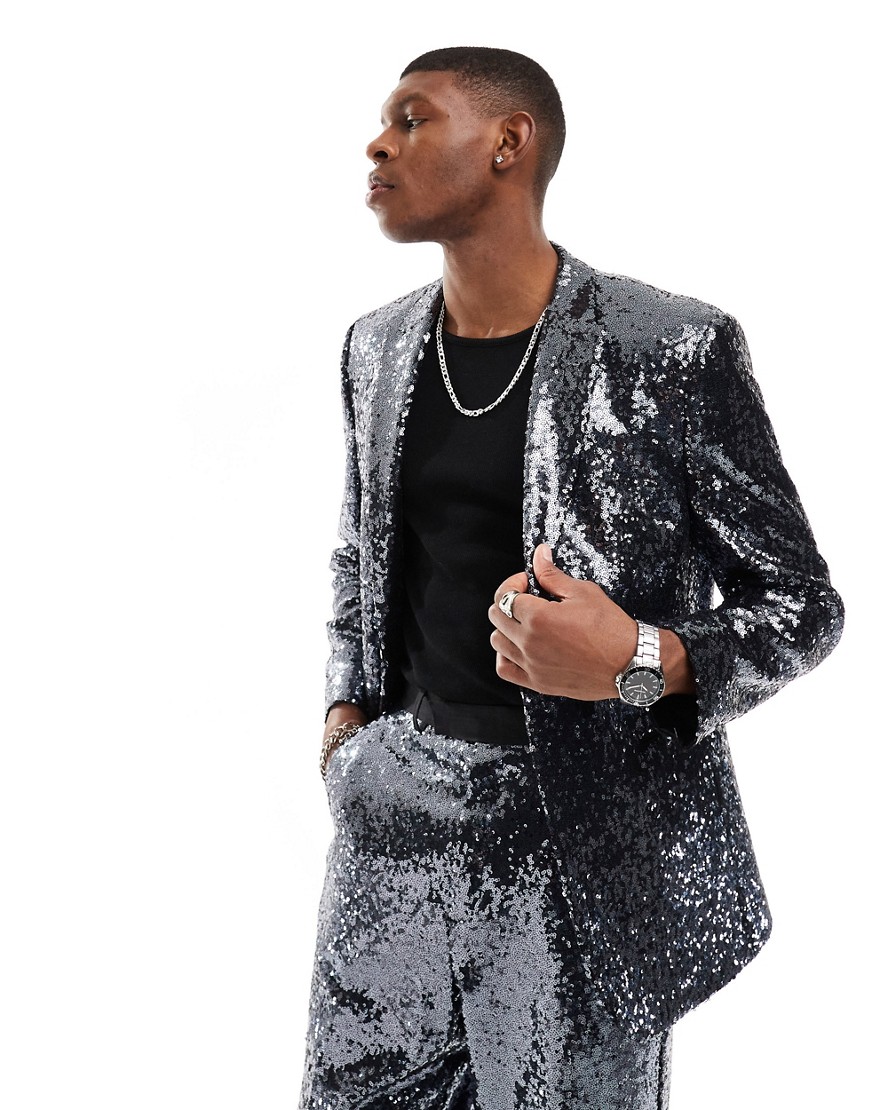 relaxed sequin suit jacket in silver