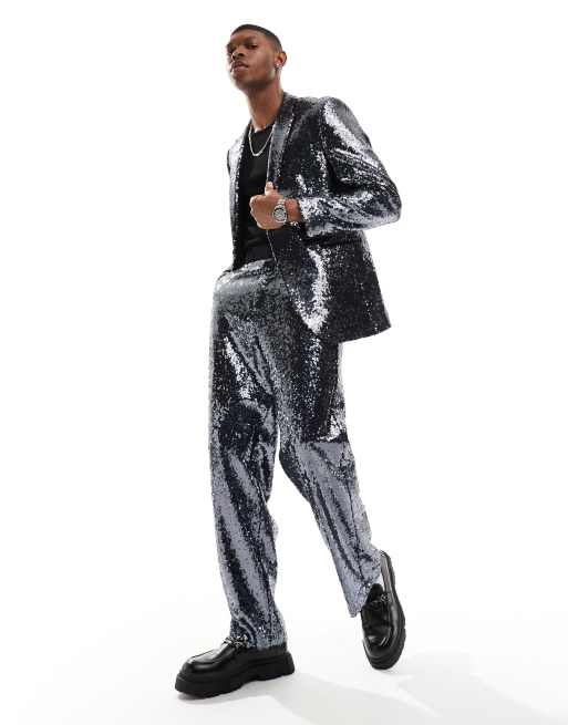 ASOS Design relaxed sequin suit jacket in silver