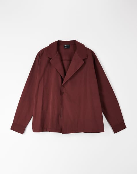 ASOS DESIGN relaxed shawl collar poplin shirt in burgundy - view 1
