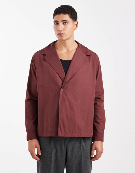 ASOS DESIGN relaxed shawl collar poplin shirt in burgundy