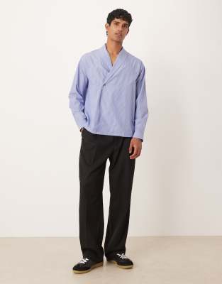 Asos Design Relaxed Shawl Collar Wrap Over Shirt In Blue