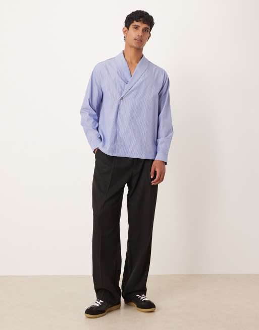 ASOS DESIGN relaxed shawl collar wrap over shirt in blue stripe, 2 of 5
