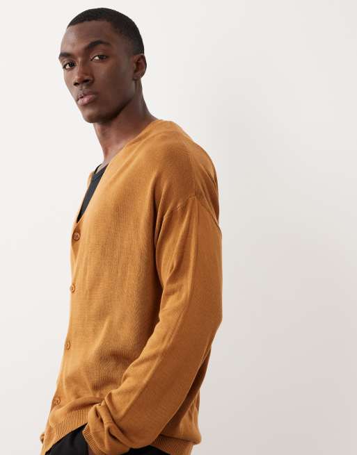 ASOS DESIGN relaxed sheer knit v-neck cardigan in tan, 4 of 5