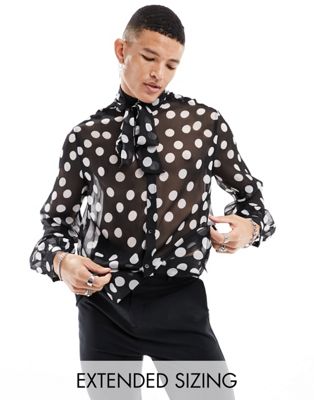 Asos Design Relaxed Sheer Shirt In Large Polka Dots With Tie Neck In Black-gray