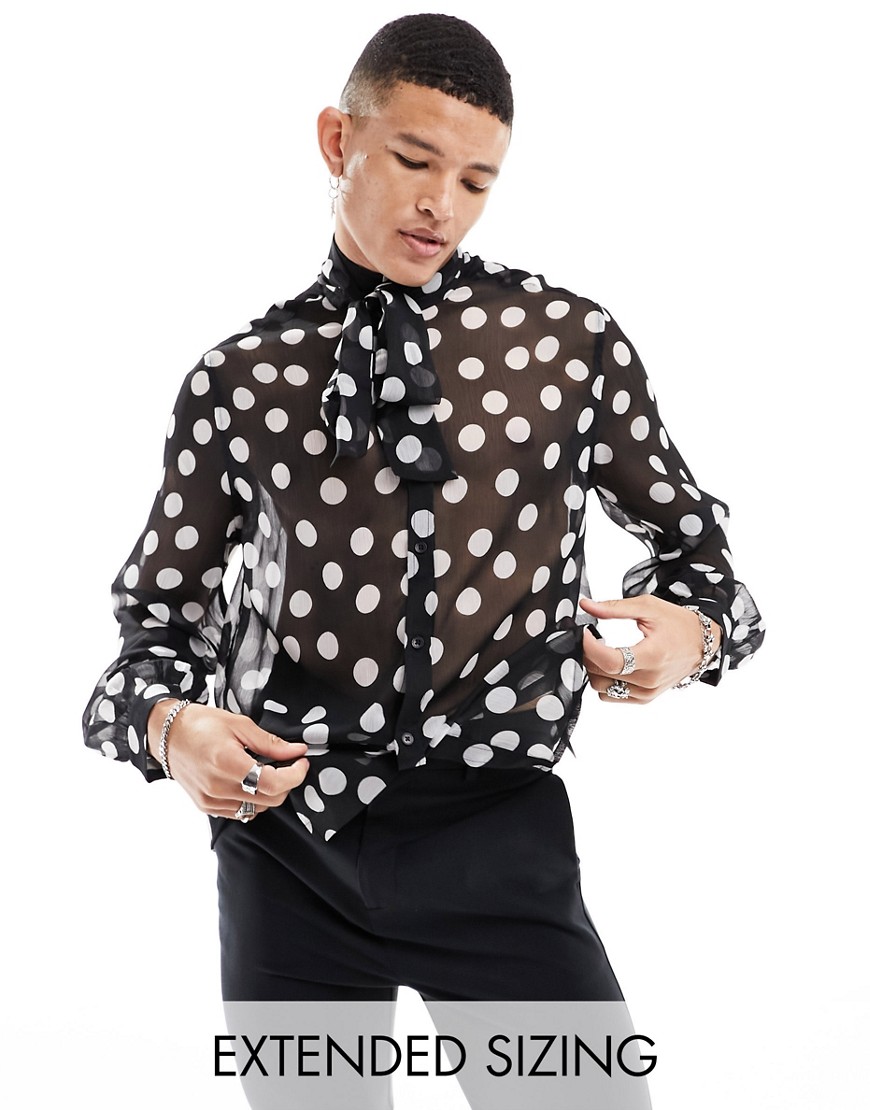 ASOS DESIGN relaxed sheer shirt in large polka dots with tie neck in black-Grey