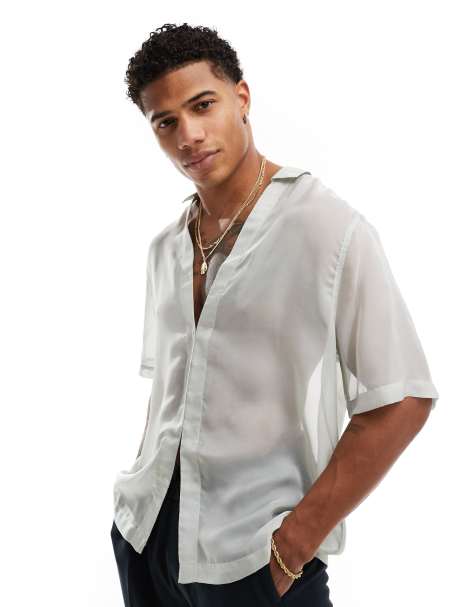 ASOS DESIGN relaxed sheer shirt in sage green - view 1