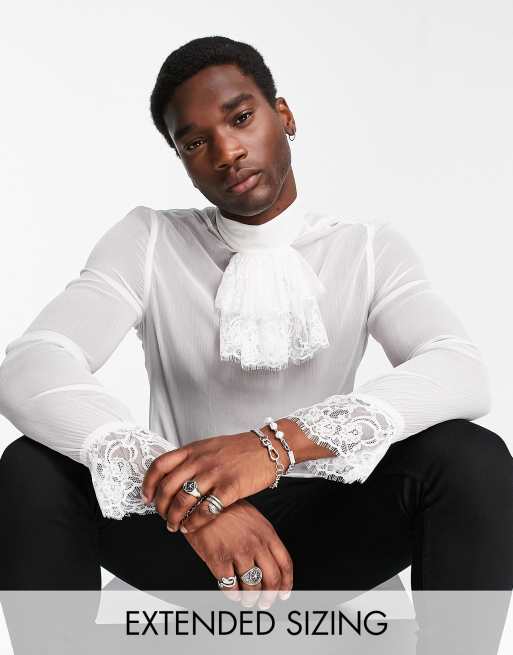 ASOS DESIGN relaxed sheer shirt with lace bib and cuff detail and tie neck in white