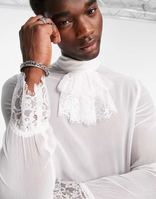 ASOS DESIGN relaxed sheer shirt with lace bib and cuff detail and tie neck  in white