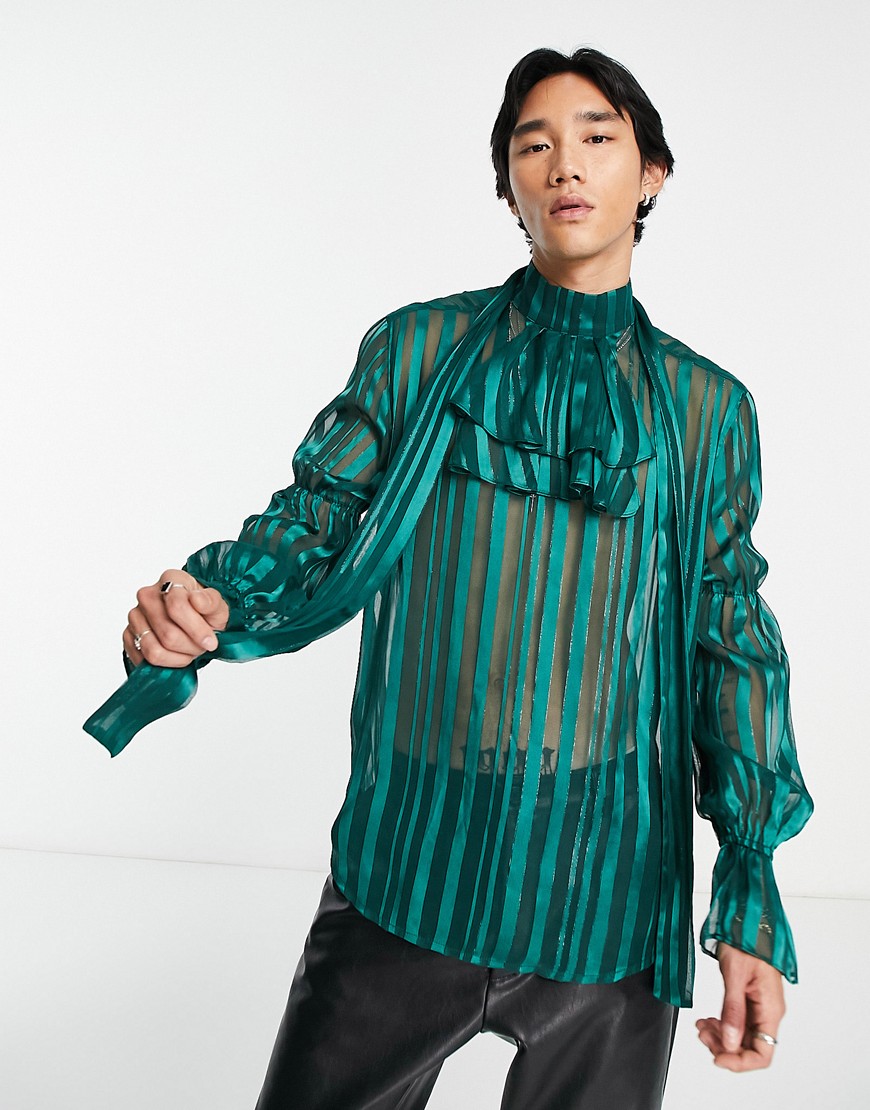 ASOS DESIGN relaxed sheer stripe shirt with tie neck and ruffle front in green