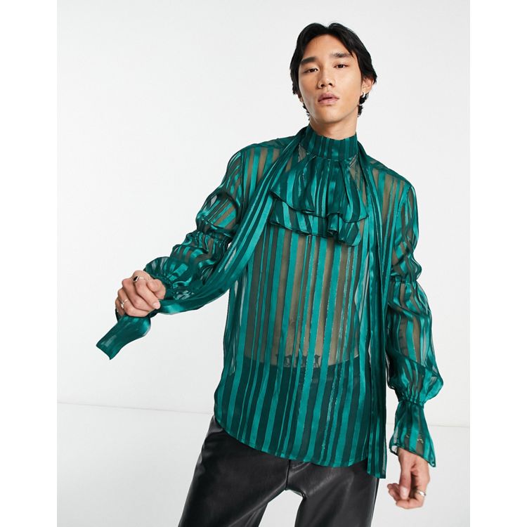 ASOS DESIGN regular sheer shirt with flute sleeves in green