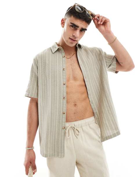ASOS DESIGN relaxed shirt in basketweave stripe in olive green - view 1