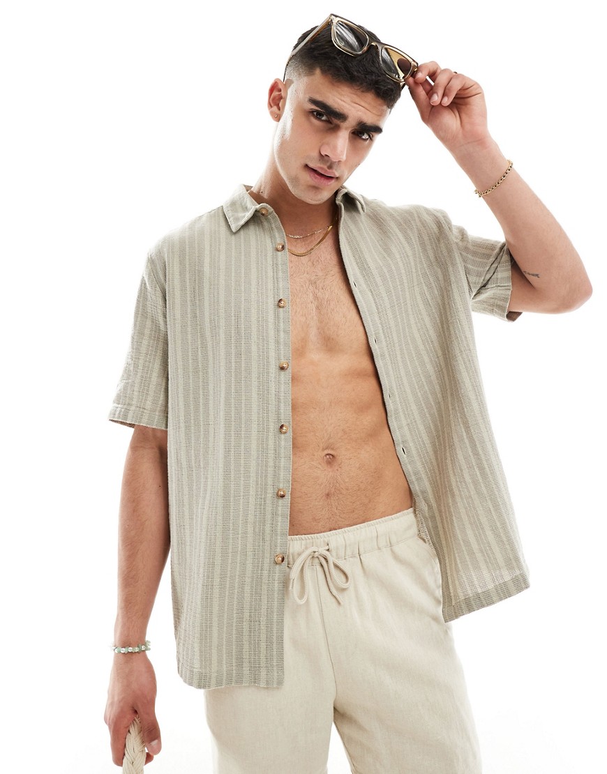 Asos Design Relaxed Shirt In Basketweave Stripe In Olive Green