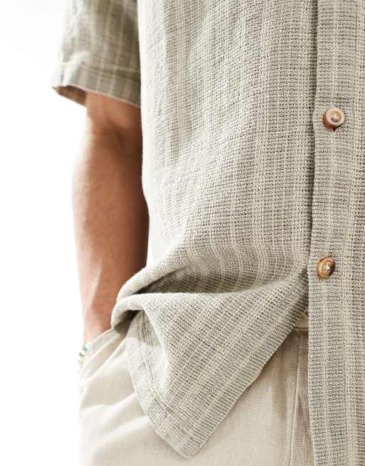 ASOS DESIGN relaxed shirt in basketweave stripe in olive green, 2 of 4