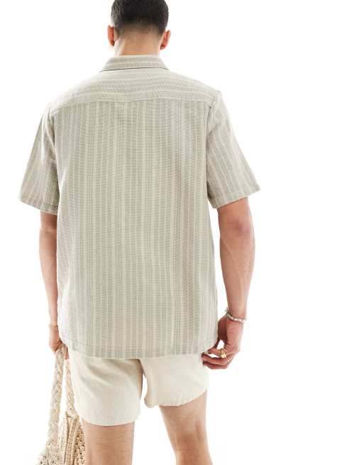 ASOS DESIGN relaxed shirt in basketweave stripe in olive green, 4 of 4