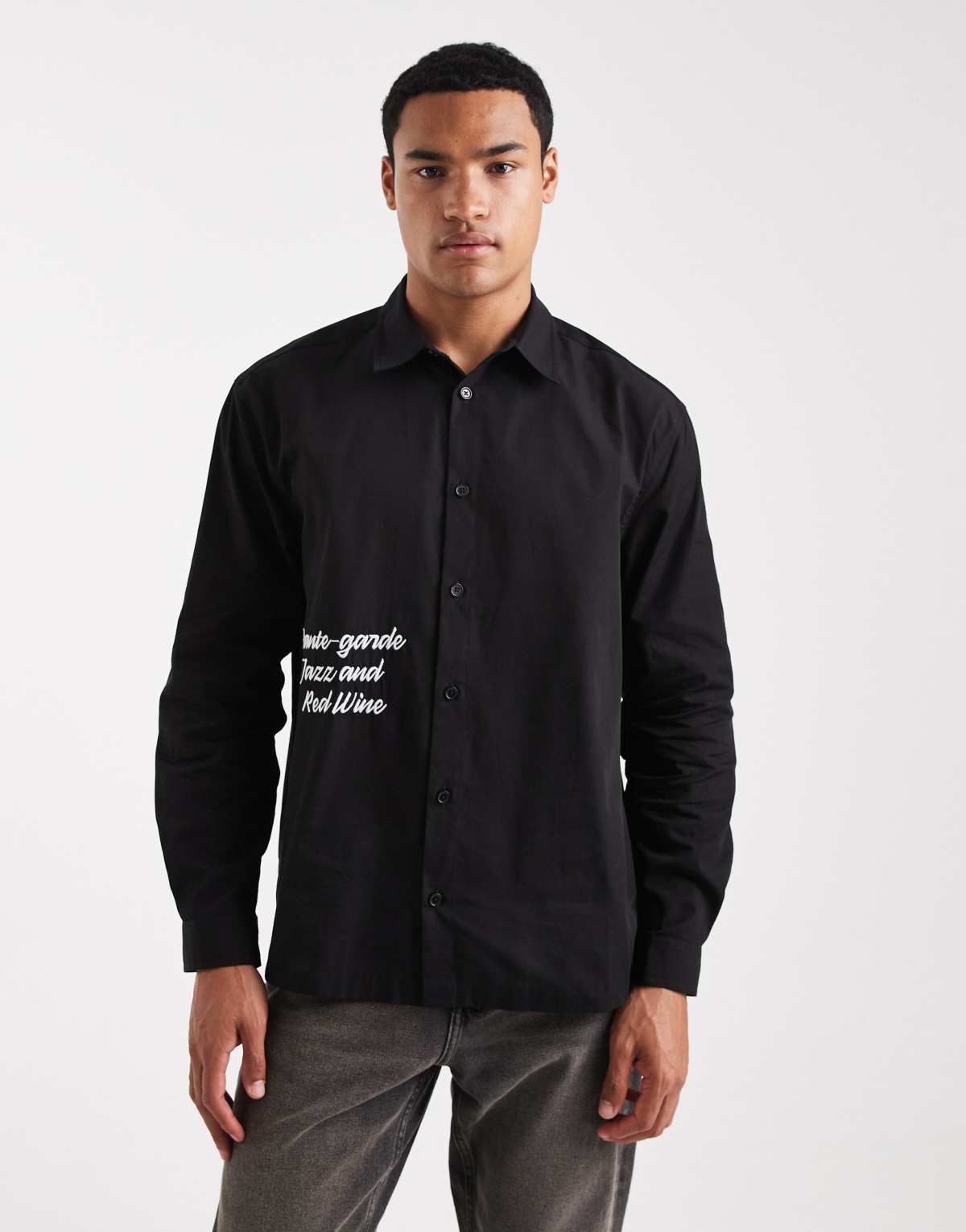ASOS DESIGN relaxed shirt in black with text print