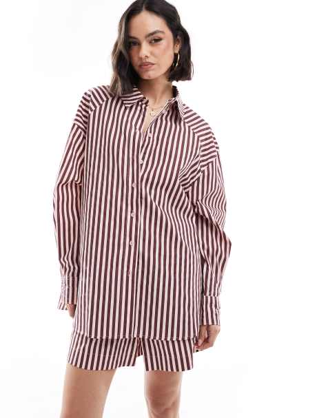 ASOS DESIGN relaxed shirt in burgundy and pink stripe (part of a set) - view 1