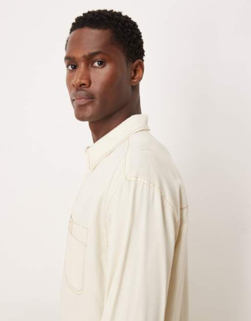 ASOS DESIGN relaxed shirt in cream with contrast stitching and badge detail, 5 of 5