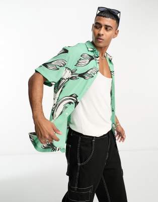 ASOS DESIGN relaxed shirt in green fish print | ASOS