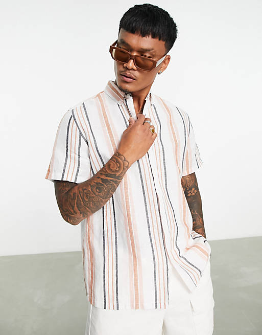 ASOS DESIGN relaxed shirt in linen mix neutral stripe | ASOS