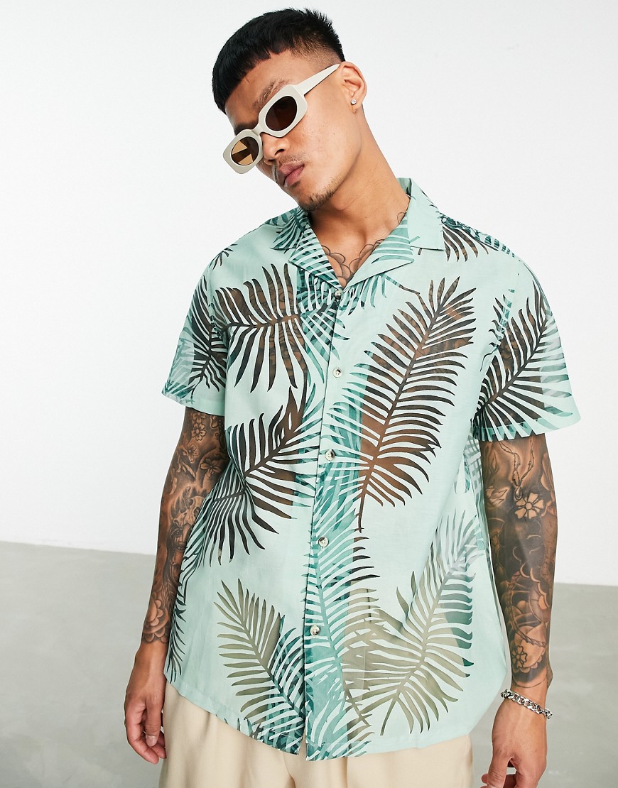 ASOS DESIGN relaxed shirt in palm burn out print in green