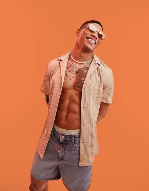 ASOS DESIGN relaxed shirt in smart ribbed quality in stone