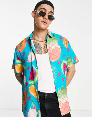 ASOS DESIGN relaxed shirt in tropical fruit print-Blue